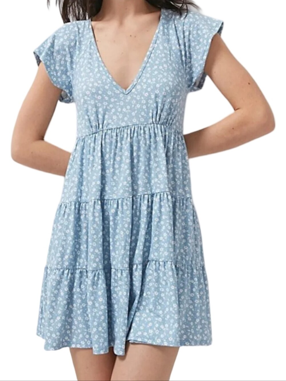 URBAN OUTFITTERS Julia Ditsy Floral Tiered Ruffle Mini Dress Size Small Blue